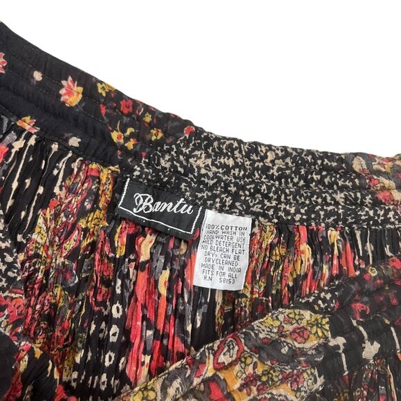 Vintage Boho Floral Patchwork Print Pleated Skirt Black Drawstring Hippie - Picture 5 of 7